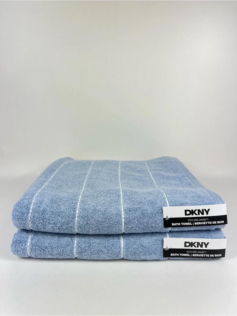 DKNY Bath Towels eco-melange Light Blue White Stripe Soft Cotton Set of 2 NEW